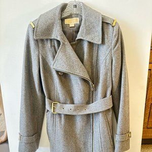 Michael Kors Grey Pea Coat with Belt and Gold Trim